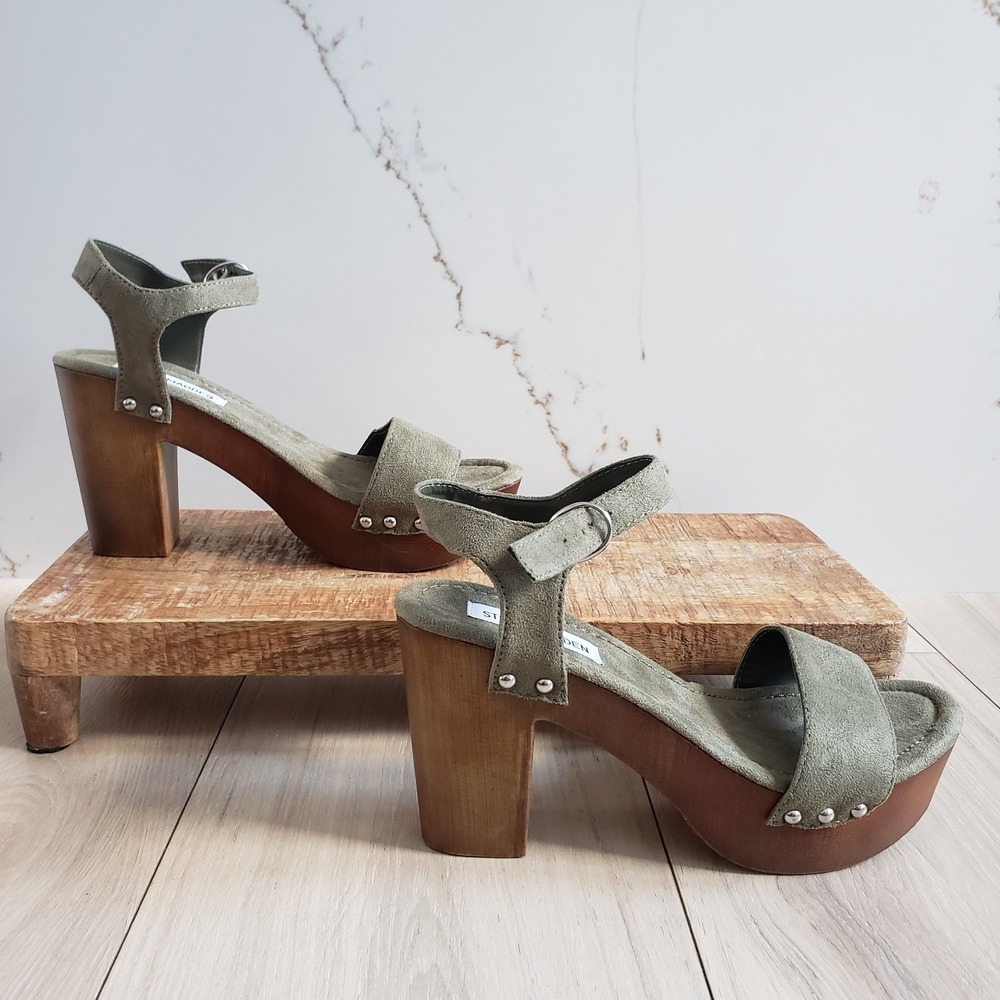 Steve Madden Lifted Platform Sandals Womens 7.5 Green Studded Boho Block Heel